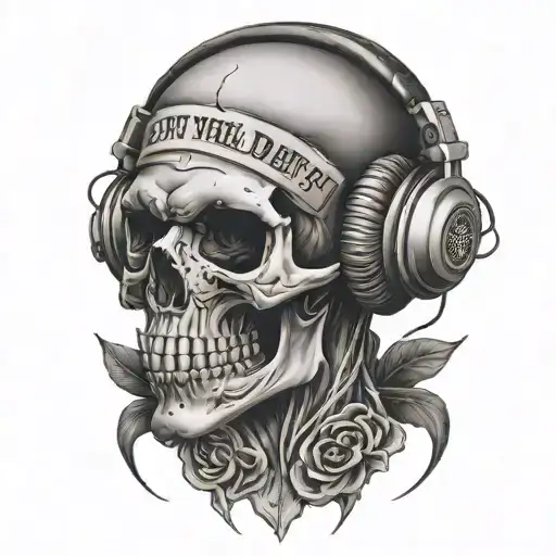 skull wearing headphones and qoute 'even the dark has its depth' tattoo design idea
