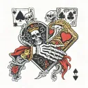 A skeleton hand holding 2 playing cards. One card is the ace of spades and the other card is the queen of hearts tattoo design idea