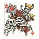 A skeleton hand holding 2 playing cards. One card is the ace of spades and the other card is the queen of hearts tattoo design idea