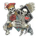 A skeleton hand holding 2 playing cards. One card is the ace of spades and the other card is the queen of hearts tattoo design idea