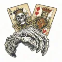 A skeleton hand holding 2 playing cards. One card is the ace of spades and the other card is the queen of hearts tattoo design idea