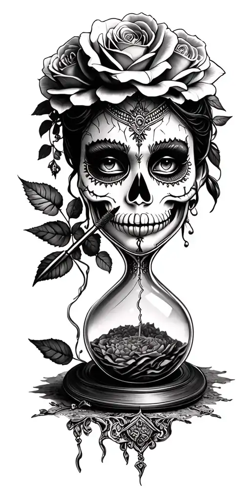 La Catrina taking Mascara out of Rose Crown, ancient Sand hourglass, Anonymous Mascara Cracked tattoo design idea