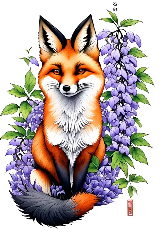 Japanese Kitsune Fox, Crane, Wisteria, Maple, Iris tattoo design idea