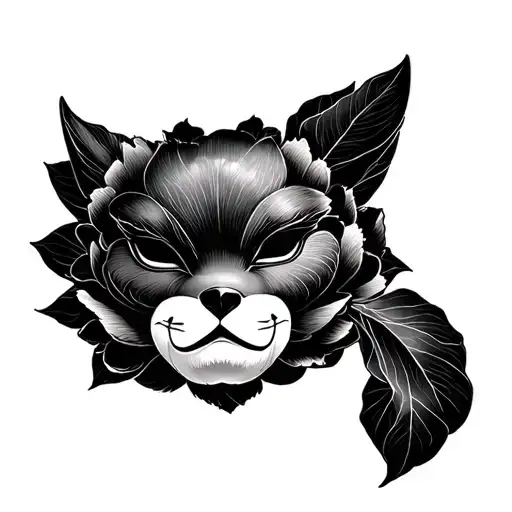 Omamori, kitsune mask, peony tattoo design idea