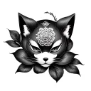 Omamori, kitsune mask, peony tattoo design idea