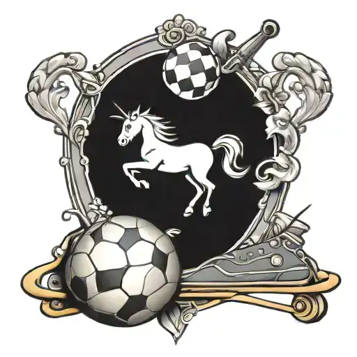 unicorn, skate board, soccer ball tattoo design idea
