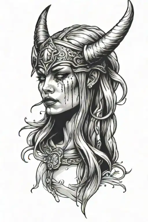 darkly alluring full nude weeping viking woman, crying blue tears tattoo design idea