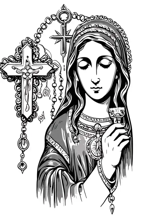 mexican virgin mary holding rosary looking down at the 3 crosses  tattoo design idea