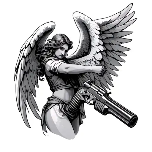 angel holding gun tattoo design idea