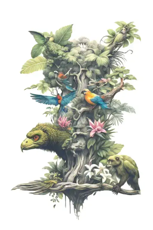 rainforest full sleeve tattoo design with elements, snakes, macow birds, monkeys, wild flowers, vibrant colors, epic tattoo design idea