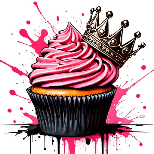 a cupcake with pink icing wearing a queens crown cocked to the side  tattoo design idea