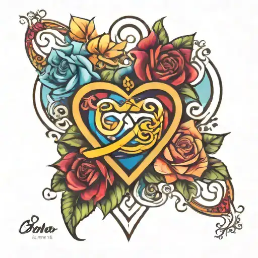 colorful infinity symbol with adoption triangle symbol inside of a blooming heart with Lynnette & Syrena and 2/11/2018 tattoo design idea