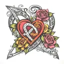 colorful infinity symbol with adoption triangle symbol inside of a blooming heart with Lynnette & Syrena and 2/11/2018 tattoo design idea