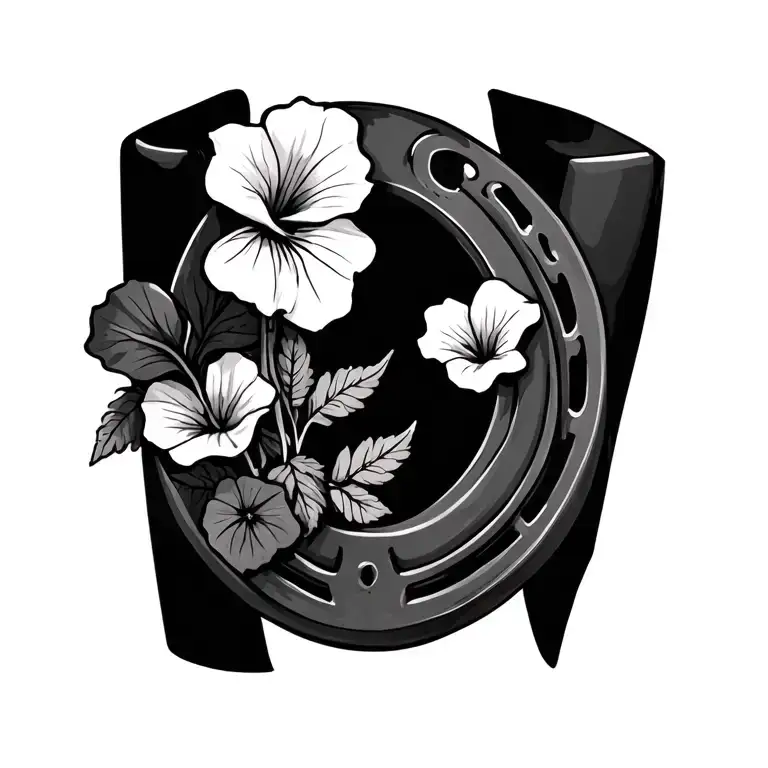 horse shoe with petunias flowers tattoo design idea