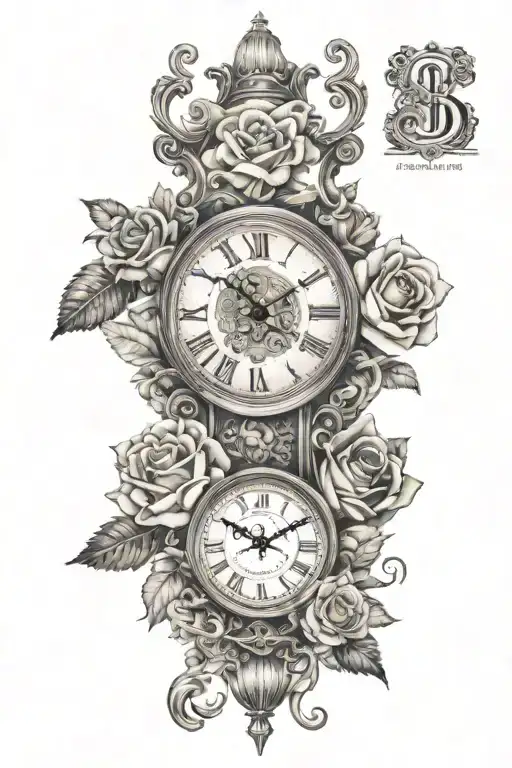 first name Gabin with clock and roses tattoo design idea