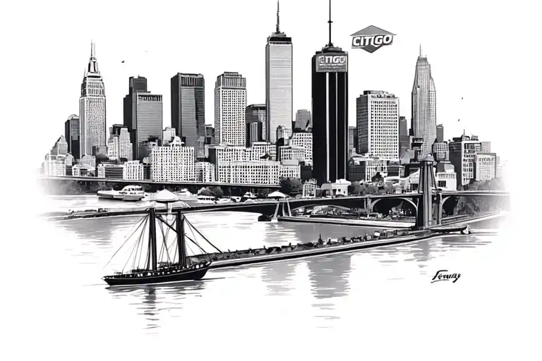 boston skyline including prudential center, citgo fenway sign, zakim bridge, charles river with a sailboat tattoo design idea