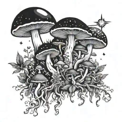 A cosmic mushroom garden with planets and stars intertwined in the roots tattoo design idea