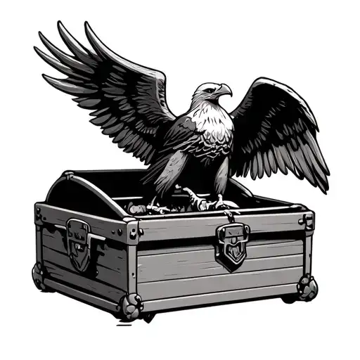 A harley davidson eagle with its wings closed resting its feet on the open lid of a toy chest. the toy chest is plain wi tattoo design idea
