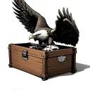 A harley davidson eagle with its wings closed resting its feet on the open lid of a toy chest. the toy chest is plain wi tattoo design idea