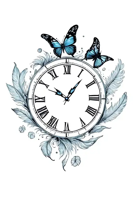 butterflies and feathers surrounding a clock face tattoo design idea