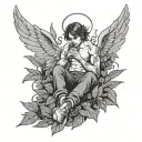 bad boy angel sitting in weed leaves rolling joint blowing smoke clouds tattoo design idea