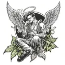 bad boy angel sitting in weed leaves rolling joint blowing smoke clouds tattoo design idea