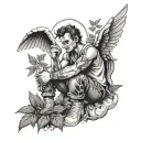 bad boy angel sitting in weed leaves rolling joint blowing smoke clouds tattoo design idea