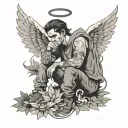 bad boy angel sitting in weed leaves rolling joint blowing smoke clouds tattoo design idea