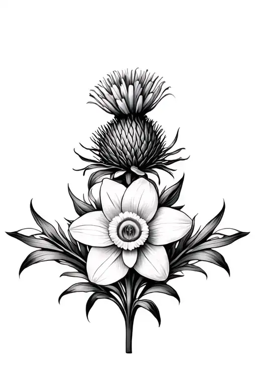 Welsh daffodil and Scottish thistle unity tattoo design idea