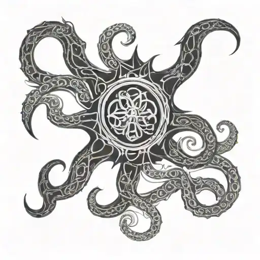 hermaeus mora, skyrim, tentacles, many eyes, black, oghma infinium, ancient language, runes, appering, tattoo design idea