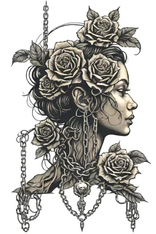 Silhouette of a girl's face, roots growing out of chains, roses tattoo design idea