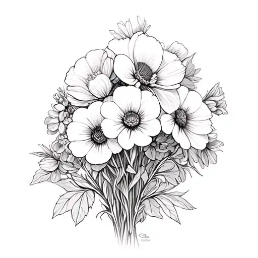 chrysanthemums poppys violas flowers bouquet tied tattoo design idea