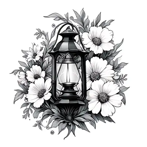 gothic lantern surrounded by daisy, narcissus, poppy, iris, daffodil, carnation tattoo design idea