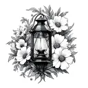 gothic lantern surrounded by daisy, narcissus, poppy, iris, daffodil, carnation tattoo design idea