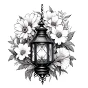 gothic lantern surrounded by daisy, narcissus, poppy, iris, daffodil, carnation tattoo design idea