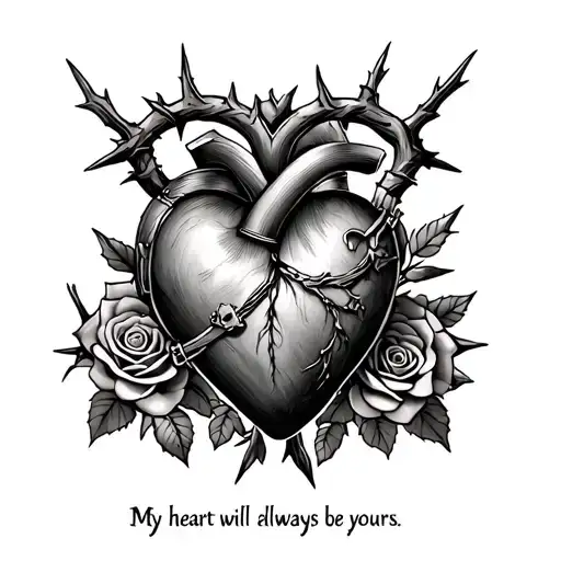 David Jones heart chest with pirate design, thorns, roses and the phrase my heart will always be yours tattoo design idea
