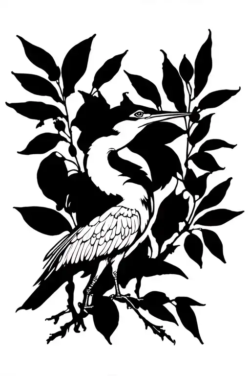 heron silhouette in centre olive branch tattoo design idea