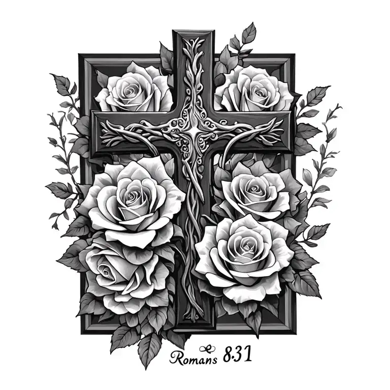 A cross entwined with vibrant roses, with "Romans 8:31" elegantly scripted beneath, symbolizing faith and beauty intertw tattoo design idea
