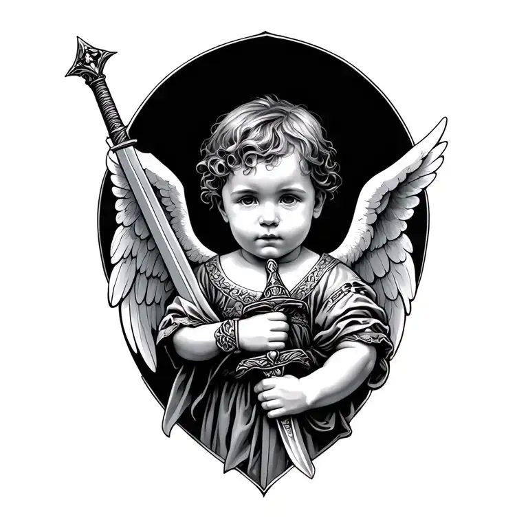 baby angel holding a sword tattoo design idea