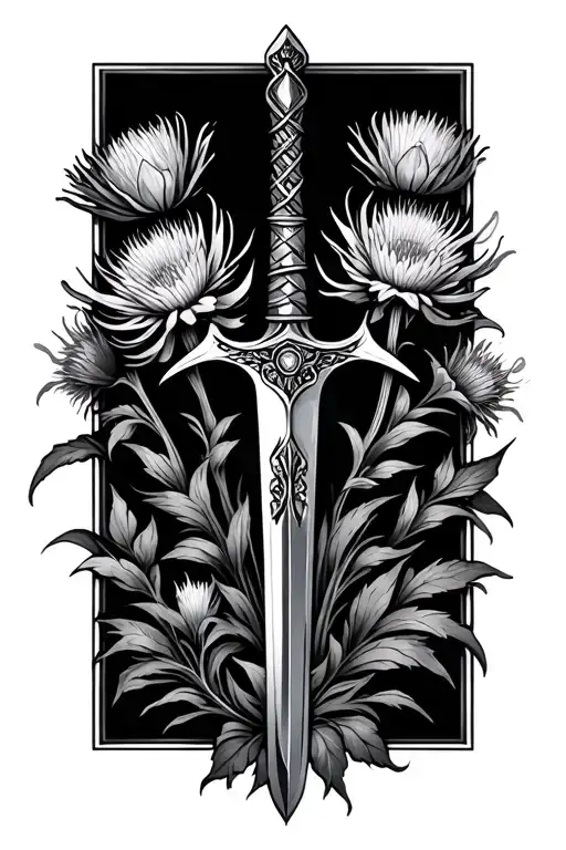 claymore sword and thistle flowers tattoo design idea