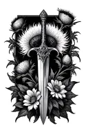 claymore sword and thistle flowers tattoo design idea