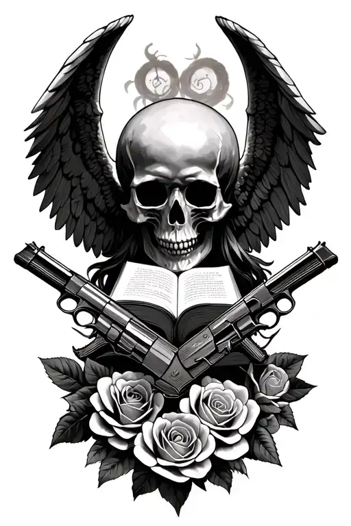 angel of death, skull, roses, guns, books, dark romance, rock music, goth, pain , hope and love tattoo design idea