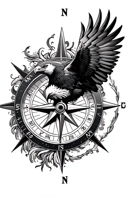 compass with eagle flying tattoo design idea