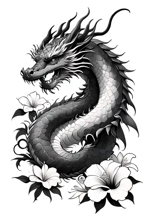 Japanese style dragon surrounded with hibiscus flowers for leg tattoo design idea