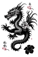 Japanese style dragon surrounded with hibiscus flowers for leg tattoo design idea