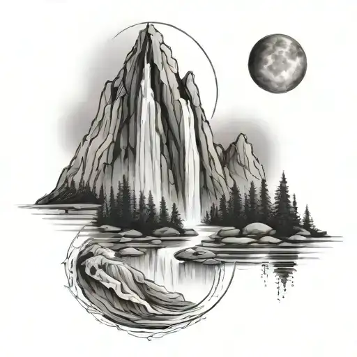 Memorial theme with birth and death date. 10/02/1991..... 10/28/2024. mountains, teardrop waterfall tattoo design idea