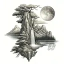 Memorial theme with birth and death date. 10/02/1991..... 10/28/2024. mountains, teardrop waterfall tattoo design idea