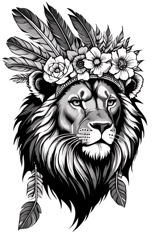 lion wearing Indian feather headpiece with flowers tattoo design idea