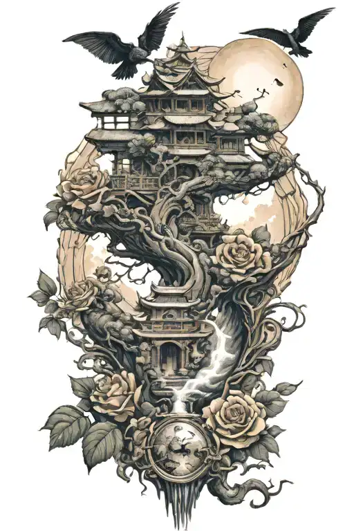 Roses Dragon Coil Waterfall Flowing Pyramid Big Tree Crows Moon Yinyang Hourglass Whale WheelChair tattoo design idea