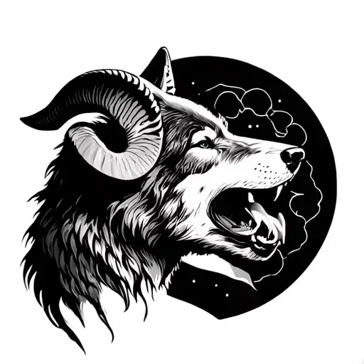 ram face and wolf howling at the moon tattoo design idea